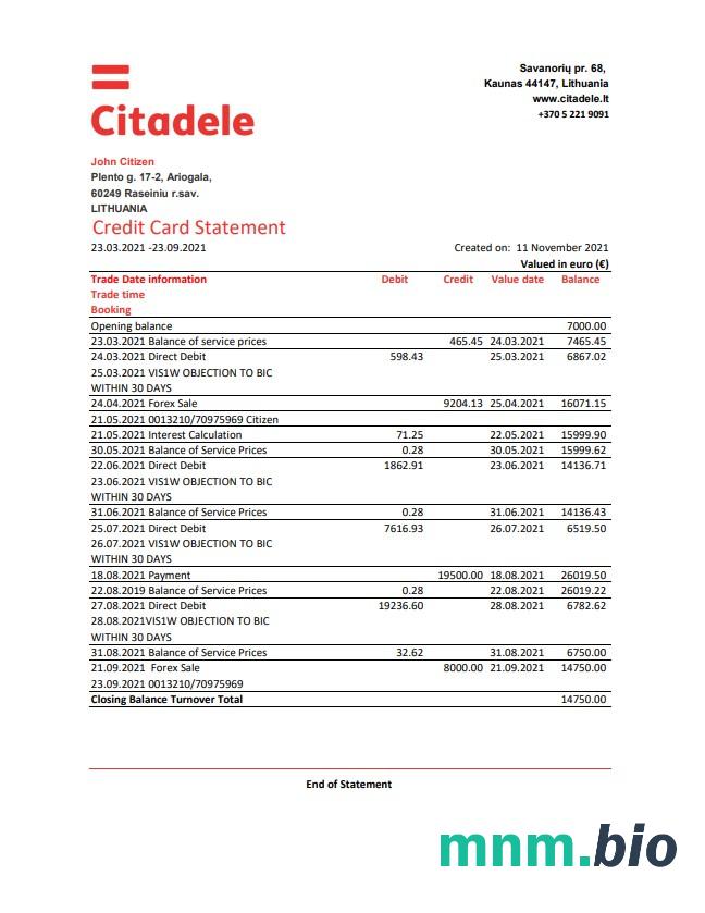 Litwa (Litva) Citadele bank karta kredytowa wyciąg